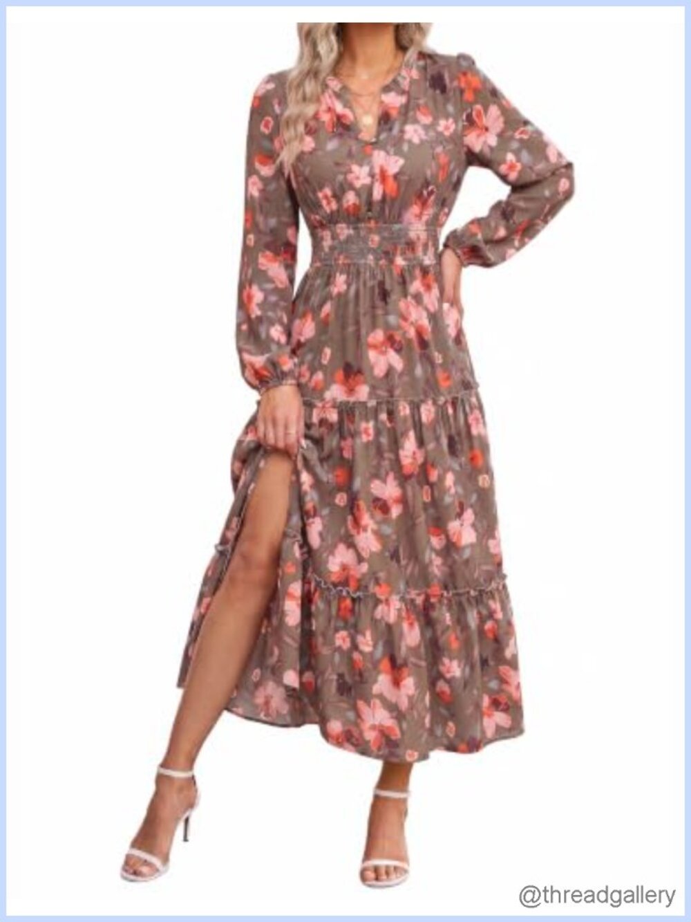 Floral Maxi Dress Long Sleeve V Neck A Line Tiered with Pockets